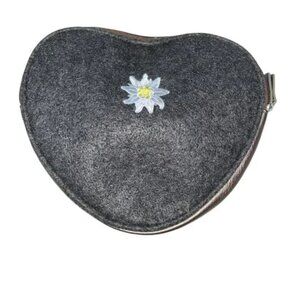 Swiss edelweiss flower embroidered gray felt heart zipper pouch bag HOLIDAY